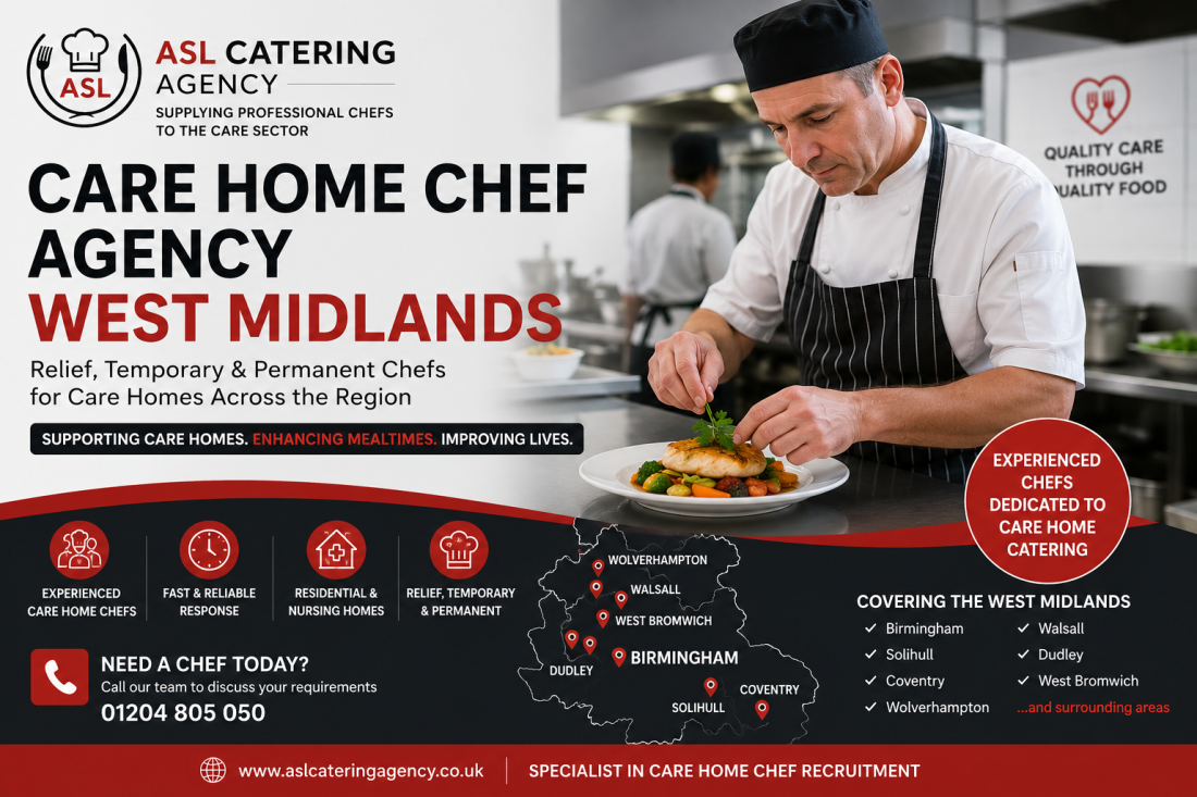 Experienced care home chef preparing nutritious meals for residents in a West Midlands care home supplied by ASL Catering Agency.