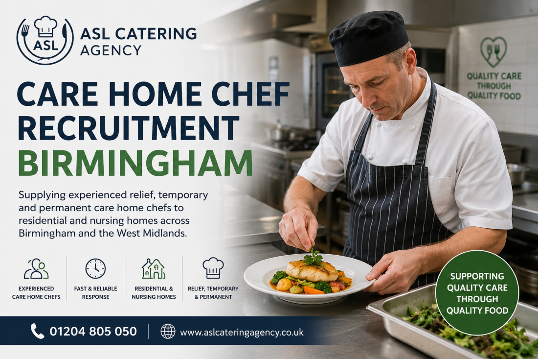Experienced care home chef preparing nutritious meals in a Birmingham care home kitchen supplied by ASL Catering Agency.