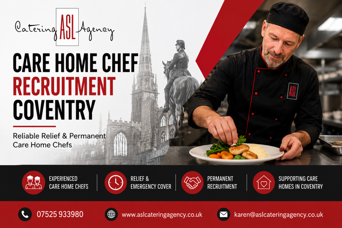 Experienced care home chef preparing nutritious meals in a Coventry care home kitchen for ASL Catering Agency chef recruitment services.