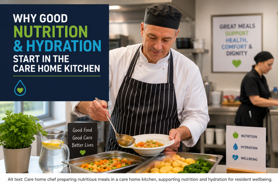 Care home chef preparing nutritious meals to support nutrition and hydration for older residents