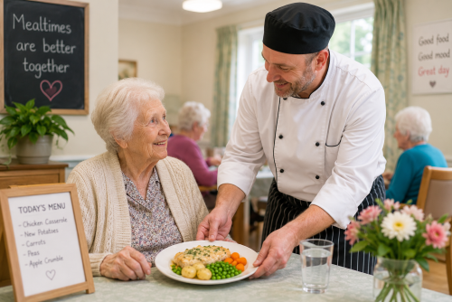 Care home chef serving a nutritious meal to an older resident in a welcoming dining room, supporting a positive dementia-friendly mealtime experience.