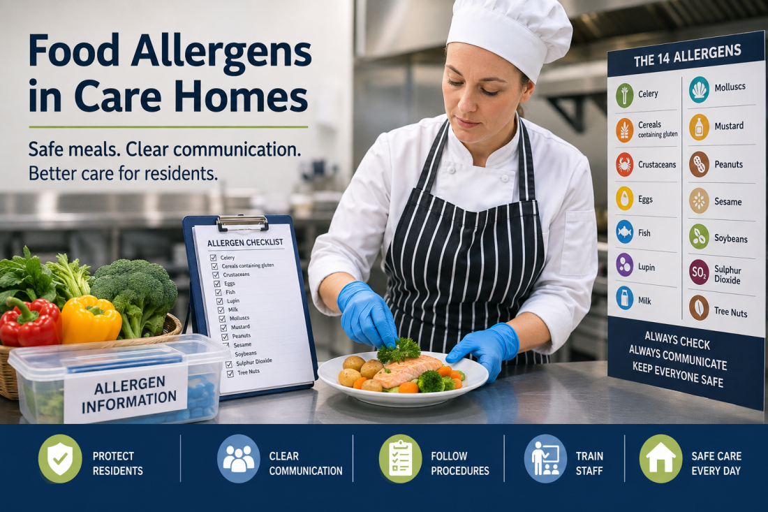 Professional care home chef preparing a safe meal in a commercial kitchen with allergen information and a checklist for the 14 regulated food allergens.