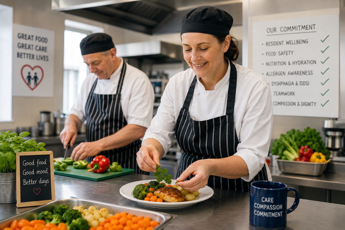 Experienced care home chefs preparing nutritious meals in a professional care home kitchen, demonstrating the skills, teamwork and high standards needed to support resident wellbeing.