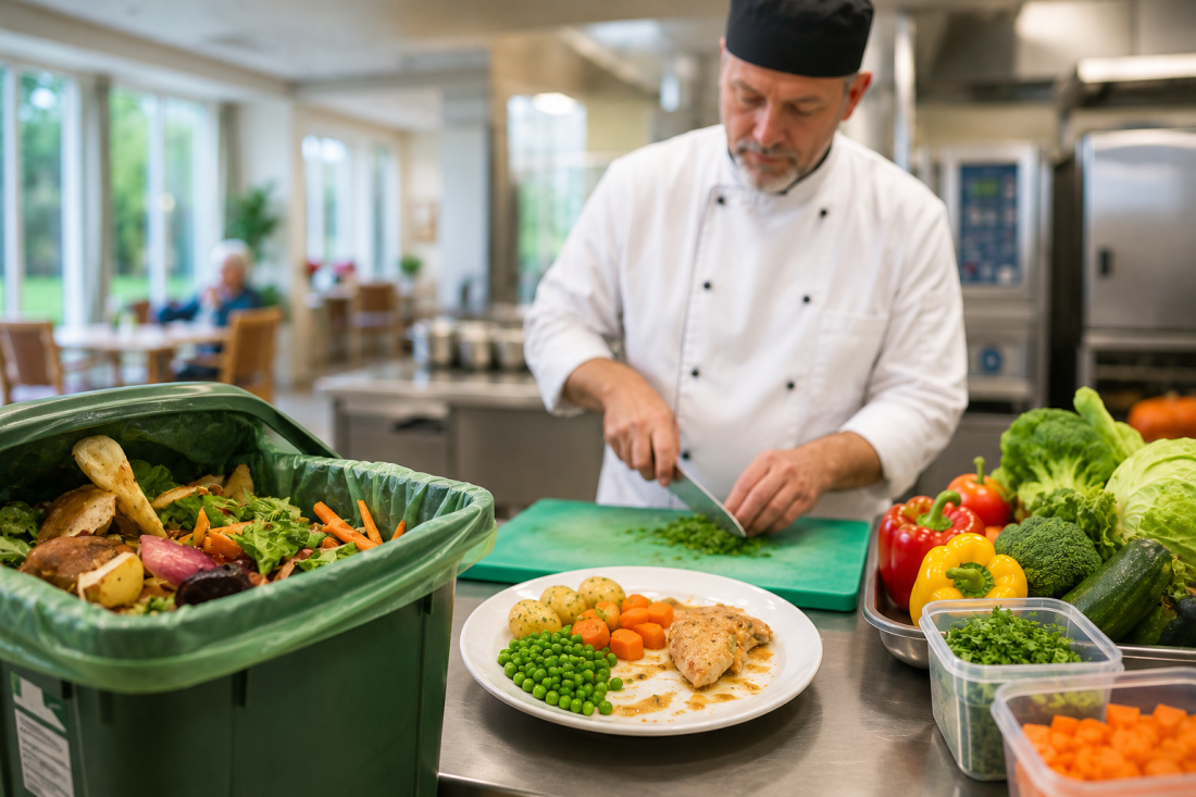 Professional care home chef preparing a nutritious meal in a commercial kitchen while managing fresh ingredients and food waste.