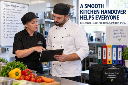 Two care home chefs completing a kitchen handover and reviewing resident diets, allergens, IDDSI requirements and food safety information.