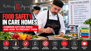 Care home chefs following food safety procedures including temperature control, allergen management, cleaning and cross-contamination prevention.
