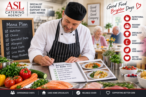 Care home chef planning nutritious menus with fresh ingredients, considering resident choice, specialist diets, allergens, food costs and food waste.