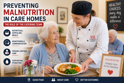 Care home chef serving a nutritious meal to an older resident, supporting good nutrition, hydration and person-centred care.