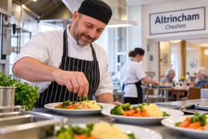 Experienced care home chef preparing meals in Altrincham for residential and nursing home catering.