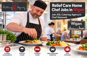 ASL Catering Agency recruitment image showing a chef preparing meals for care home residents, promoting relief care home chef jobs in Wigan.